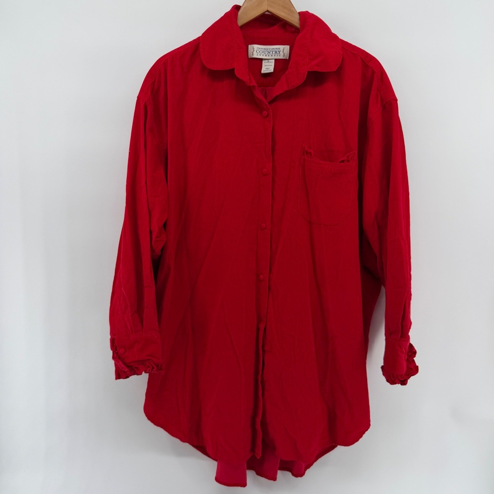 Victorias Secret Country Red Corduroy Ruffle Button Down sleep Shirt Womens L